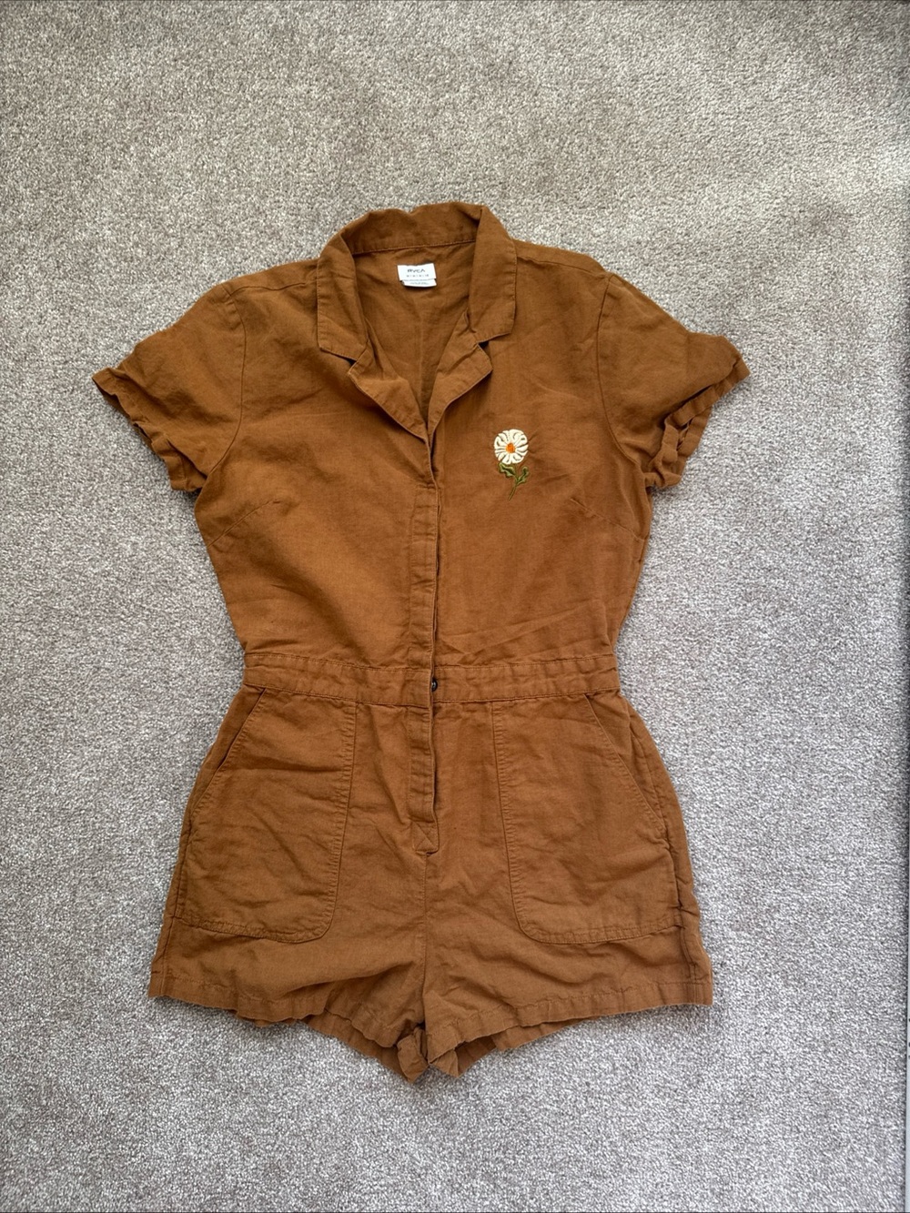 RVCA Rust Brown Short-Sleeve Romper with Daisy Patch